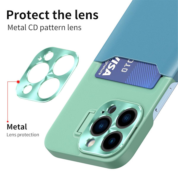 Läderkamera Case För Iphone 15 Pro Max Med Kortplats Stativhållare Dark green-blue