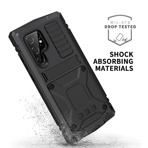 R-just för Samsung Galaxy S23 Ultra PC+silikon+metall Vattentätt, droppsäkert case Dold Kickstand Bakre cover med skärmskydd i härdat glas Black