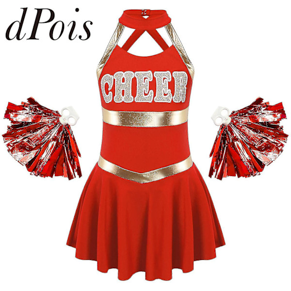 Barn Flickor Ärmlösa bokstäver Printed Dansklänning med tofs Blombollar Set för Cheerleading Kostym Cheerleader Uniformer 8 Black