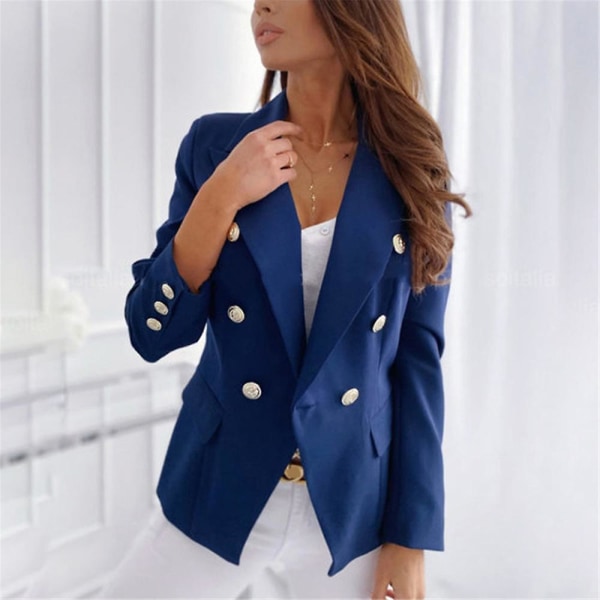 Kvinnor Dubbelknäppt kostym kavaj långärmad kappa Formell Business Casual Slim Fit Jacka Ytterkläder Blue M