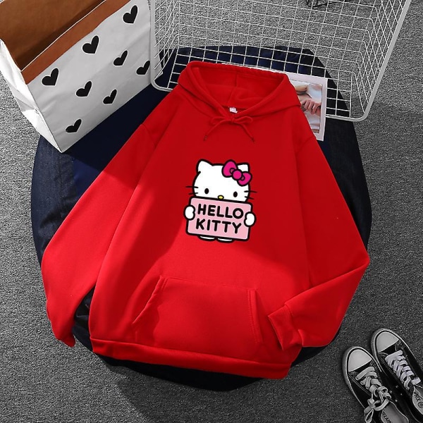 Tecknad Sanrio Hello-kitty Söt huvtröja för kvinnor Koreanska flickor Modetröja Vår och höst Modell Kläder Casual Långärmad XL red