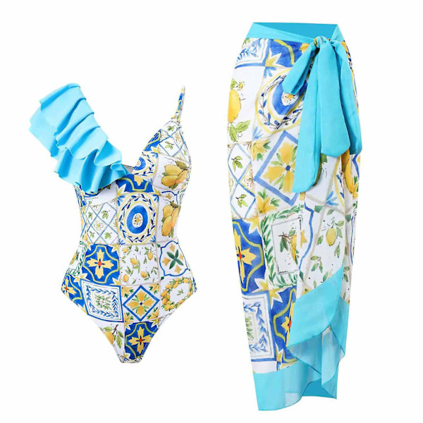Baddräkt Dam Baddräkt i ett stycke Dam Badkläder Baddräkt i ett stycke Bikini Snörning Baddräkt Lång kjol Chiffong Tvådelat set Swimsui Blue L