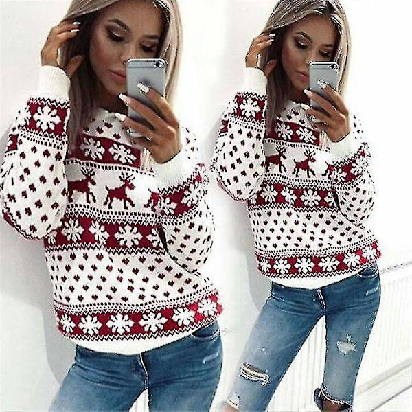 Dam långärmad tröja Jumper Xmas Elk Print Top Red S