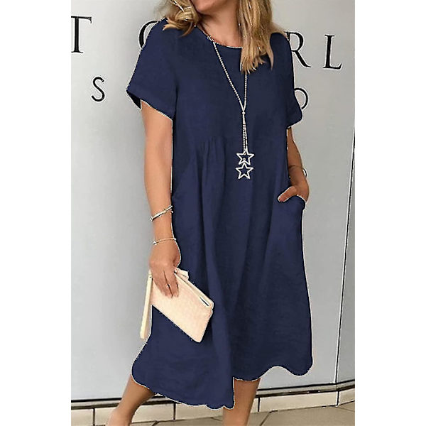 Sommarklänning i linne för kvinnor, Boho-klänning, lång klänning, ZBO Navy Blue M