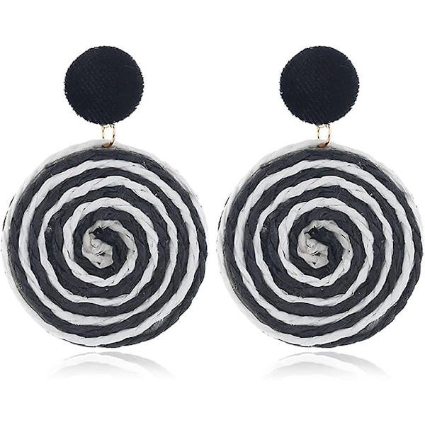 Bohemian Woven Straw Wicker Raffia Rotting Dingle Örhängen Geometriska Circle Round Drop Earrings black cloth