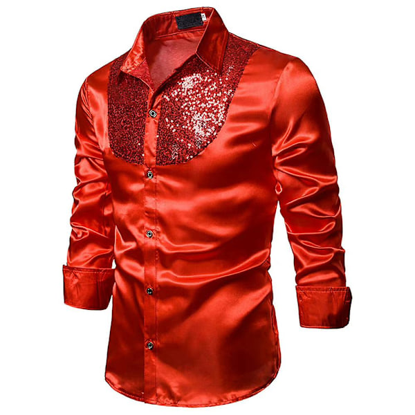 Män Glittrande paljetter Button-down Slim Fit Formella skjortor Party Evening Långärmad Klänning Skjorta Topp Red 2XL