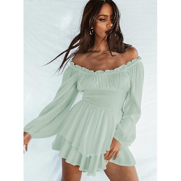 Kvinnor Off Shoulder Långärmad Romper Shorts Ruffle Jumpsuit Playsuit Light Green L