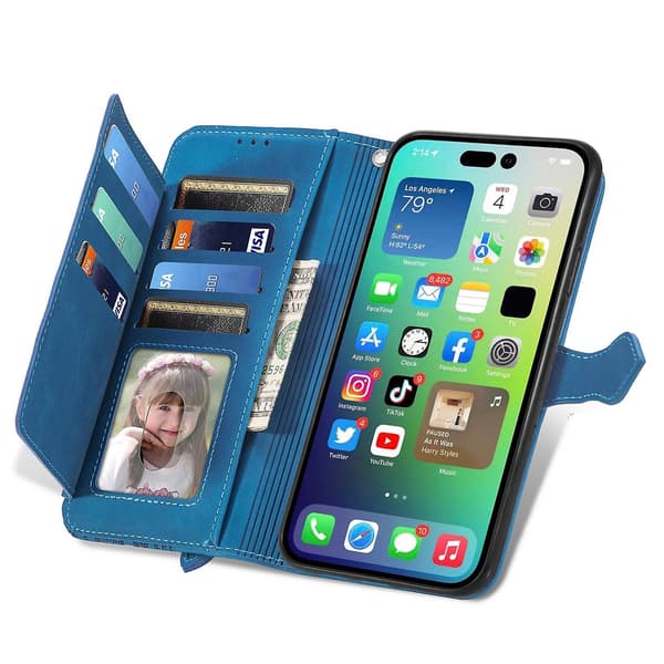 Case för iPhone 15 med präglad blomblixtlås Blue