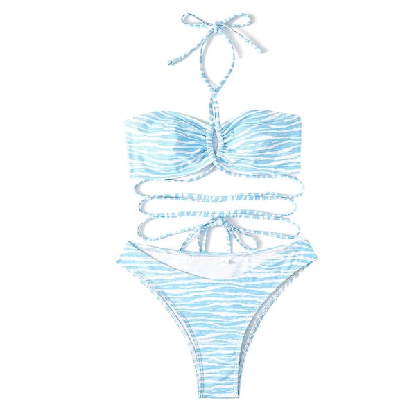 Tvådelad baddräkt för damer med randigt print i bikinibaddräkt blue M
