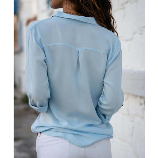Kvinnor långärmad solid Button Down Lapel Shirt Sky Blue M
