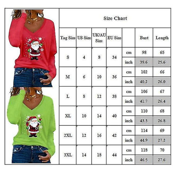 Jul Kvinnor Santa Claus brev printed V-ringad T-shirt Casual långärmad tunika Toppar Blus Red M