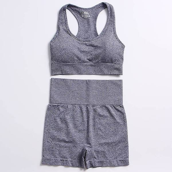 2-delat set Kvinnor Träningskläder Gym Set Fitness Sportkläder Crop Top Sports BH Sömlösa Leggings Active Wear Outfit Kostym C Blue Gray 2pcs M