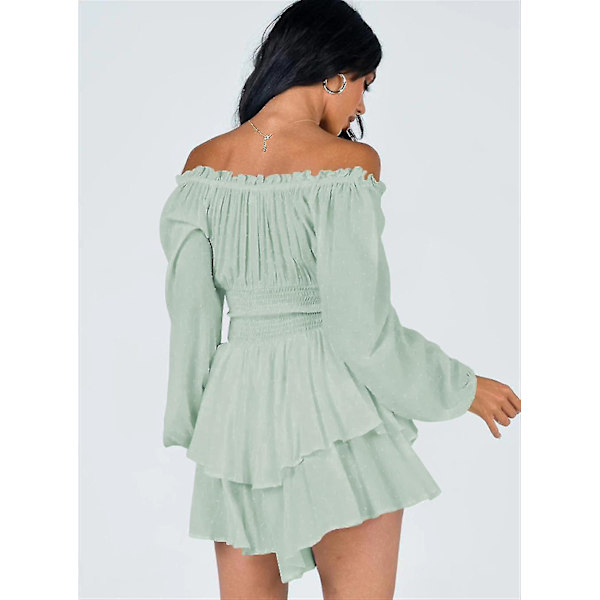 Kvinnor Off Shoulder Långärmad Romper Shorts Ruffle Jumpsuit Playsuit Light Green L