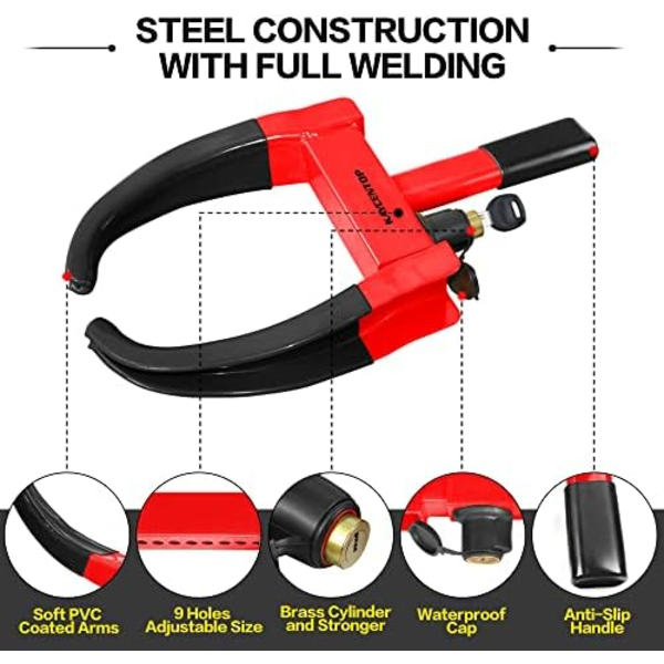 KAYCENTOP Hjulklämlås Universal Säkerhet Däcklås Stöldskydd Låsanordningar Justerbar längd Passar de flesta fordon för släp SUV Båt Red\/Black