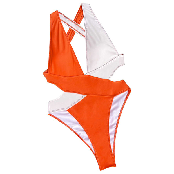 Dambaddräkter Bikinibody med hög midja Baddräktsömmar Bikinibaddräkt Korsbaddräkt för kvinnor Färgblockerande Bikini Swimsu för kvinnor Orange M