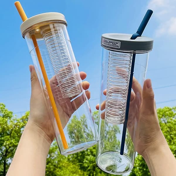 Drickskopp med sugrör och lock, resekopp för lemonad, smoothie & juice, återanvändbar 700 ml plastgul grey