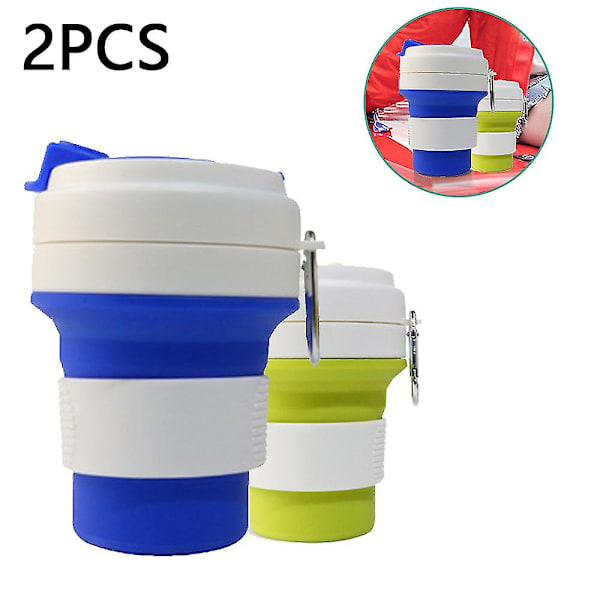 Silikon hopfällbar återanvändbar kaffekopp, bärbar hopfällbar lätt campingkopp med lock, utbyggbar vattenkopp för vandringsresor, sport, Blue*grass green