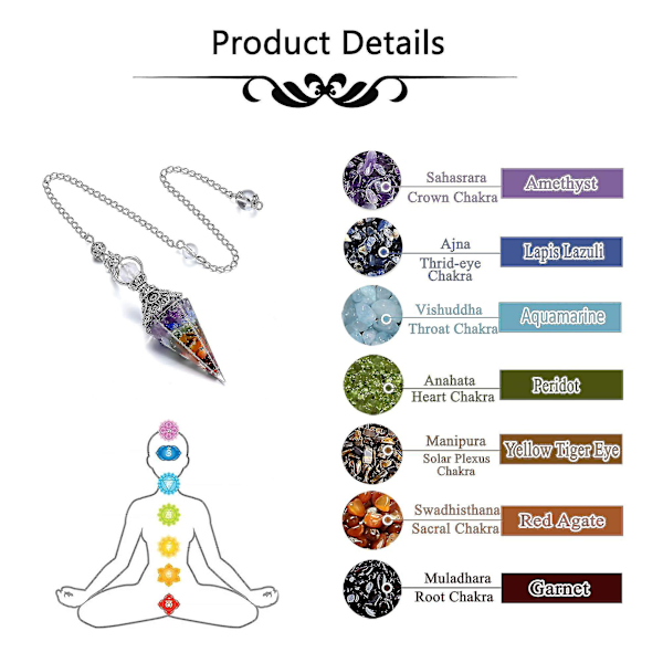 Chakra Crystal Pendel Hexagonal Reiki Healing Crystal Points Ädelsten Dowsing Pendel för spådom Scrying Wicca Chakra