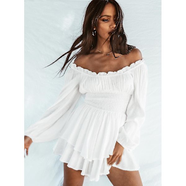 Kvinnor Off Shoulder Långärmad Romper Shorts Ruffle Jumpsuit Playsuit White M