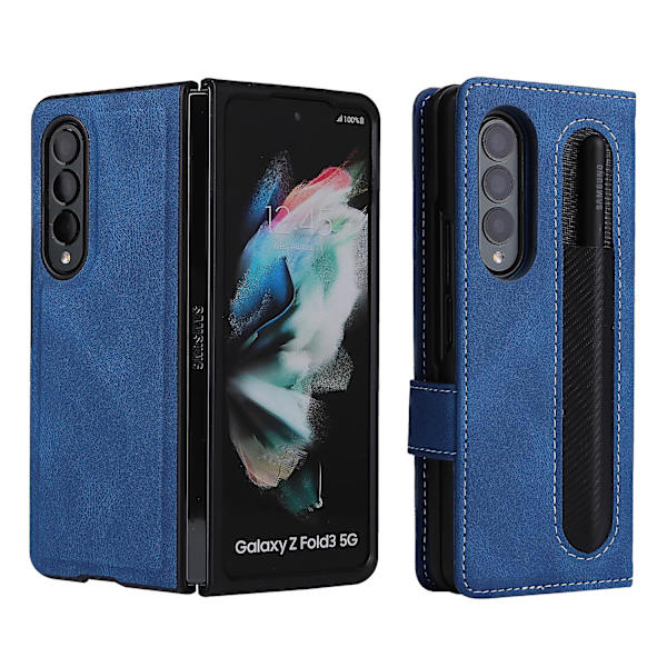 Case med fullständigt skydd i magnetiskt läder kompatibelt med Samsung Galaxy Z Fold 3 med kortplatsstativ. Blue