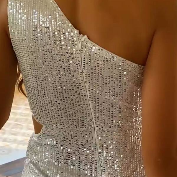 Kampanj 2023 Lång Sequin Split Aftonklänning, En Axelsequin Split Klänning, Bal Klänning, Festklänning(XS-L) Navy L