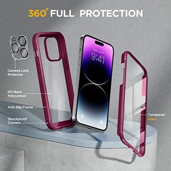 Miracase Glass Series Designad för iPhone 14 Pro Max Case 6,7 tum, [2023 Upgrade] Bumper Case med inbyggd 9H härdat glas Scr Wine Red