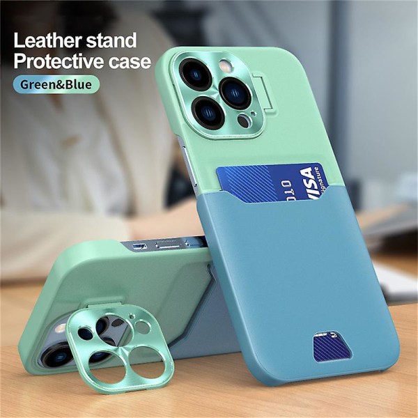 Läderkamera Case För Iphone 15 Pro Max Med Kortplats Stativhållare Green Blue