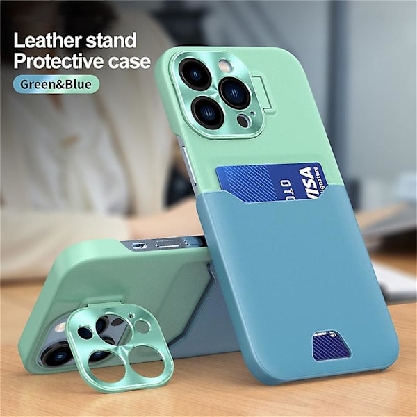 Läderkamera Case För Iphone 15 Pro Max Med Kortplats Stativhållare Green Blue