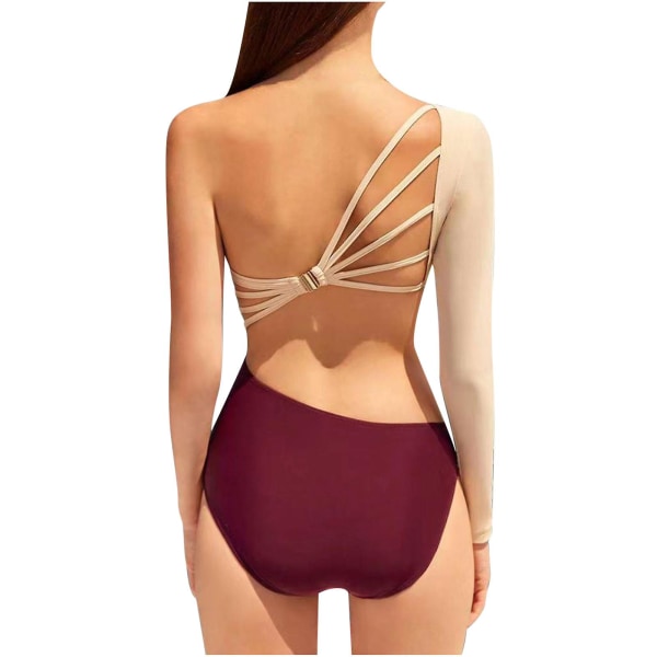 Dambaddräkter Baddräkt Dam Sexig Patchwork Bikini i ett stycke Baddräkt med  en axel och långa ärmar Khaki L 9bf5 | Khaki | L | Fyndiq
