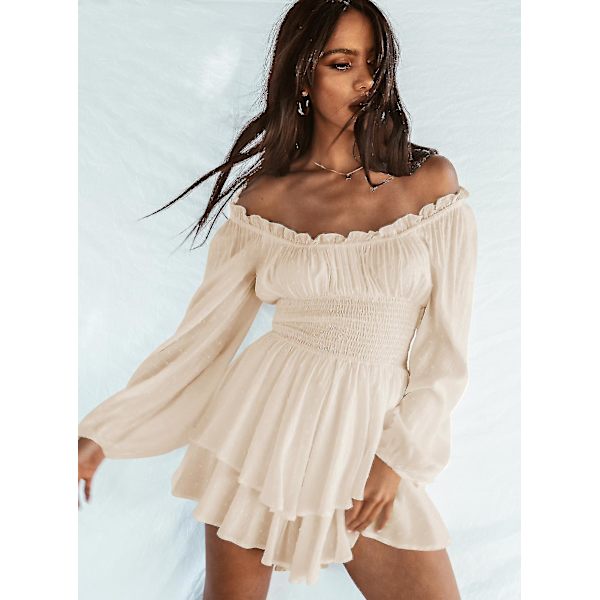 Kvinnor Off Shoulder Långärmad Romper Shorts Ruffle Jumpsuit Playsuit Apricot XL