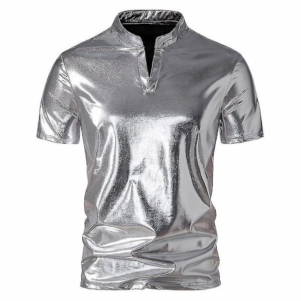 Herr V-ringad Sparkle Kortärmade Glänsande Pikétröjor 70-tal 80-tal Disco Party Casual T-shirts T-tröjor Silver L