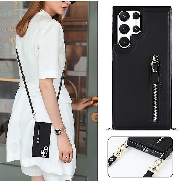 Crossbody axelrem case Kompatibel Samsung Galaxy S23 Ultra/ S23+/ S23 med korthållare Stötsäker Black for S23