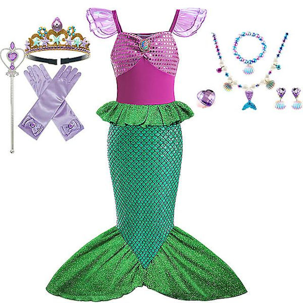 Disney Little Mermaid Ariel Prinsessdräkt Barnklänning För tjejer Cosplay Barn Karneval Födelsedagsfest Kläder Sjöjungfruklänning V 6T(size 130) 10pcs Mermaid Sets