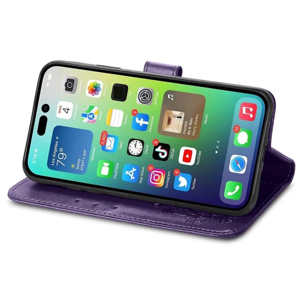 Fyrfodrat läderfodral med case för iPhone 15 Purple