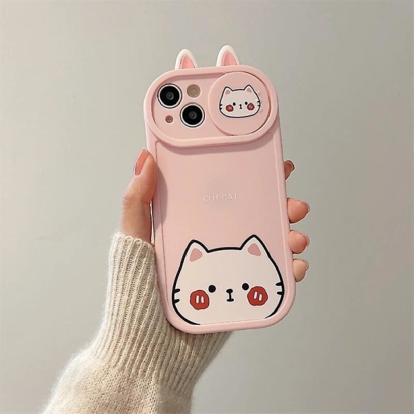 Cartoon 3d Ear Bear Cat Frog Söt Slide Lins Protection Case För Iphone 14 12 13 11 Pro Xs Max X Xr Push Pull Bumper Mjukt cover Cat For iphone 14Plus