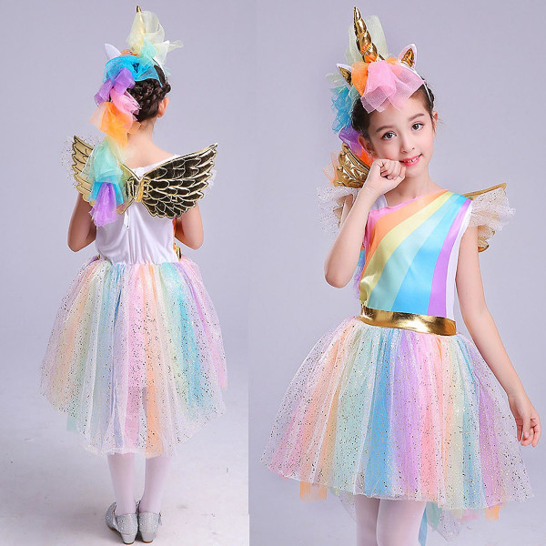 3st Kids Girl Unicorn Cosplay Kostym Performance Fancy Dress Wings Pannband Outfits Rainbow Color 5-6 Years