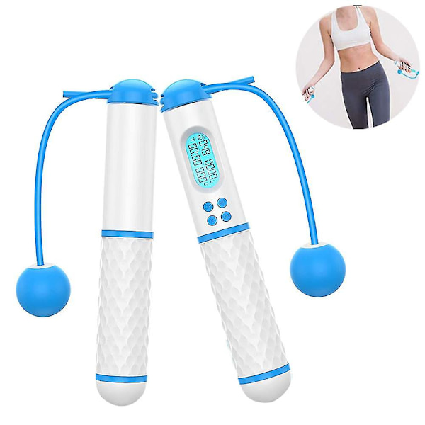 Hopprep, digitalt viktat hopprep utan hopp, justerbart sladdlöst hopprep för fitness för kvinnor män White-blue