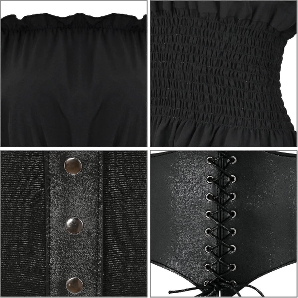 Renässansblus för damer Korsett Midjebälte Medeltida viktoriansk off-shulder långärmad skjorta Pirate Cosplay Kostymer Black X-Small