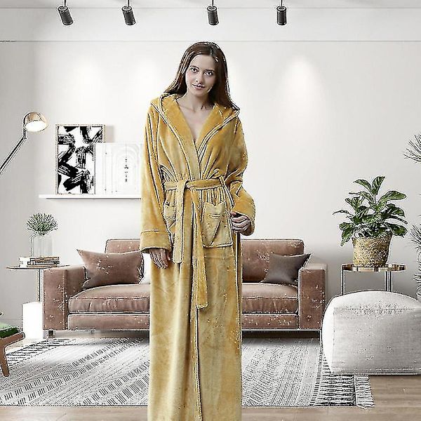 Kvinnor Män Vinter Plus Size Flanellrock Extra lång Huva Varm Morgonrock Lovers Tjock Kimono Badrock Man Morgonrock Robes men hooded yellow2 L