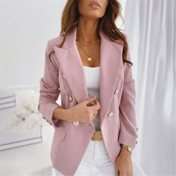Kvinnor Dubbelknäppt kostym kavaj långärmad kappa Formell Business Casual Slim Fit Jacka Ytterkläder Pink 2XL
