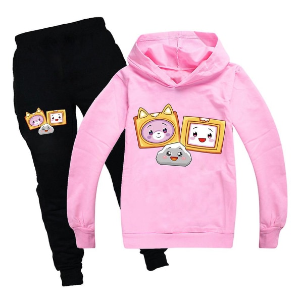 Barn Pojkar Flickor Lankybox Print Långärmad Luvtröja + Byxor Casual Outfit Set Träningsoverall Pink 7-8 Years