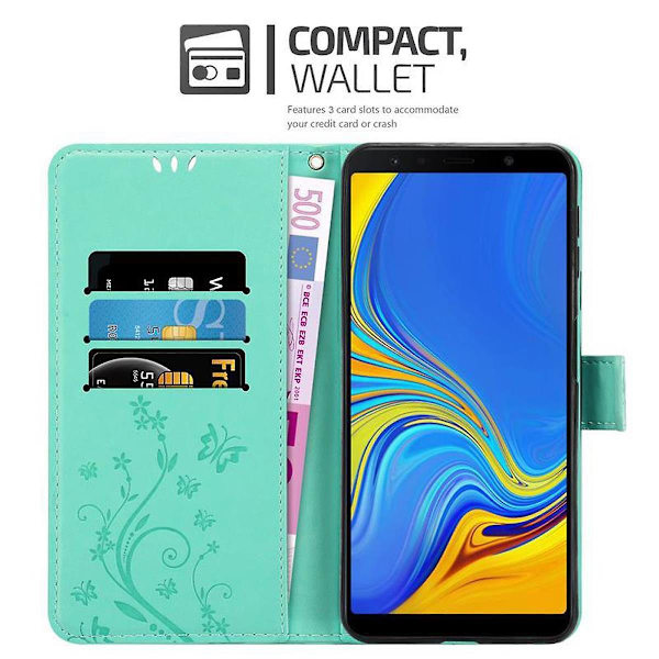 Samsung Galaxy A7 2018 Cover Case Case - med blommönster och stativfunktion och kortplats FLORAL TURQUOISE Galaxy A7 2018