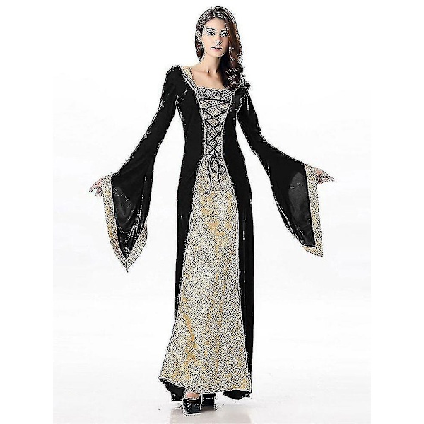2023 Ny renässansdräkt Kvinnor Sammet Irländsk Klänning Medeltida Häxdräkt Victorian Faire Kostymer Black 3XL