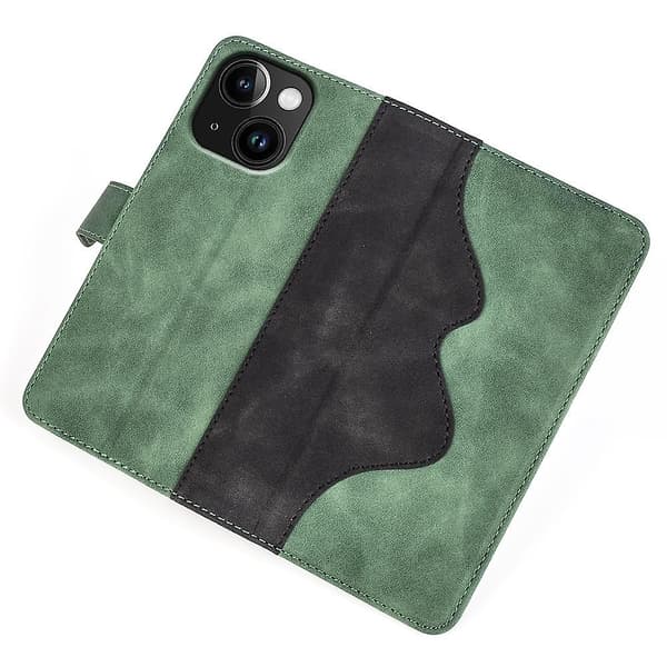 Stitching Leather Flip Phone case för iPhone 15 Green