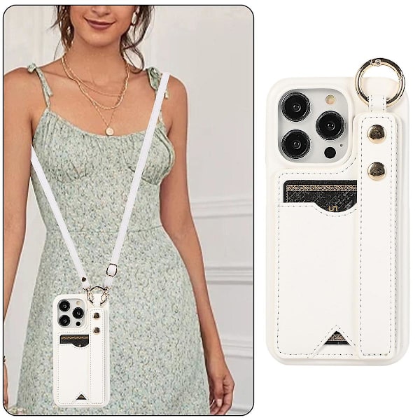 Crossbody case kompatibelt med Iphone 15 Pro Max, Pu läder stötsäkert cover med handledsrem och korthållare White For iPhone 15 Pro Max