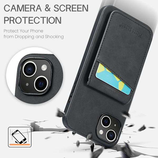 FIERRE SHANN Korthållare Phone case för iPhone 13 RFID Blocking PU Läder+TPU Kickstand Cover Black