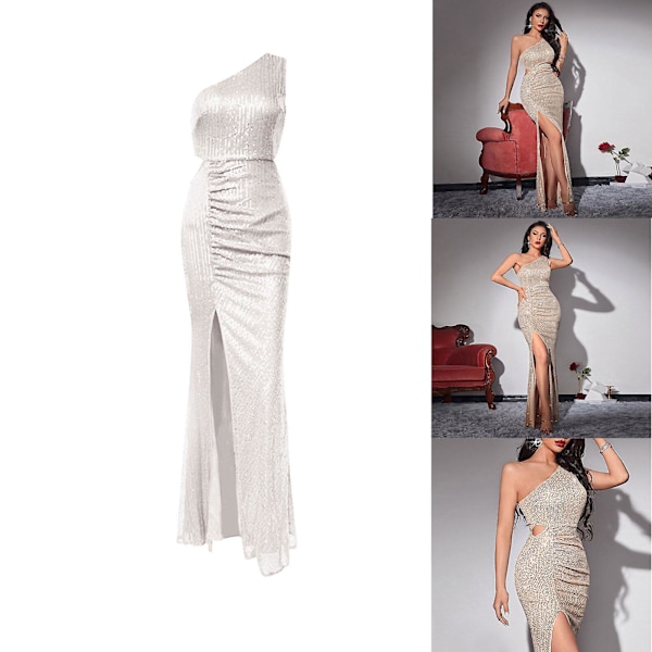 Kampanj 2023 Lång Sequin Split Aftonklänning, En Axelsequin Split Klänning, Bal Klänning, Festklänning(XS-L) White XS