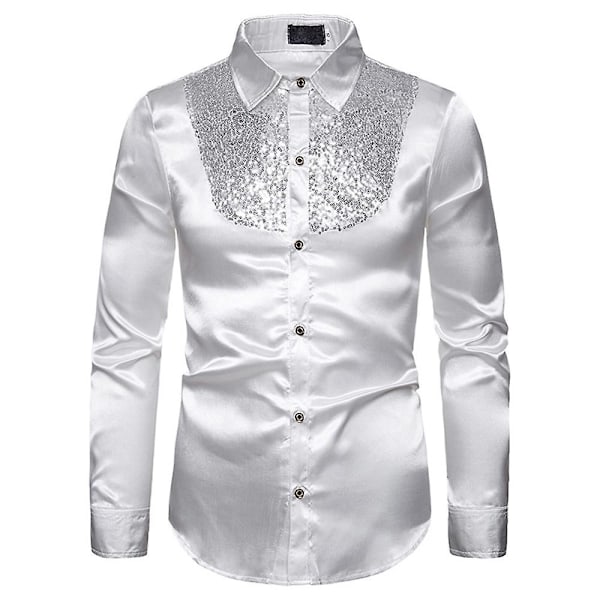 Män Glittrande paljetter Button-down Slim Fit Formella skjortor Party Evening Långärmad Klänning Skjorta Topp White M