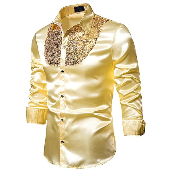 Män Glittrande paljetter Button-down Slim Fit Formella skjortor Party Evening Långärmad Klänning Skjorta Topp Golden S
