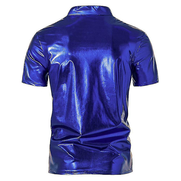 Herr V-ringad Sparkle Kortärmade Glänsande Pikétröjor 70-tal 80-tal Disco Party Casual T-shirts T-tröjor Blue L